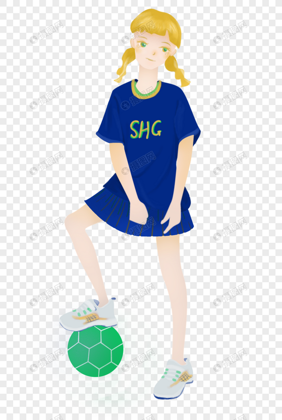 穿蓝色裙子的踢足球的可爱女孩图片