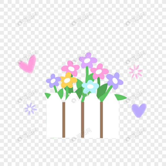 夏天盆栽花朵绿色粉色紫色花卉手绘装饰图案图片