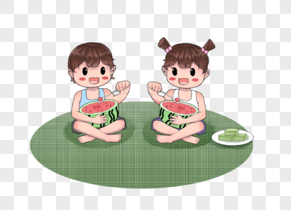 两个小朋友在抱着西瓜吃图片