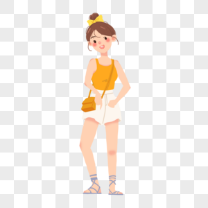 夏季度假黄色吊带 白色短裤的女孩图片