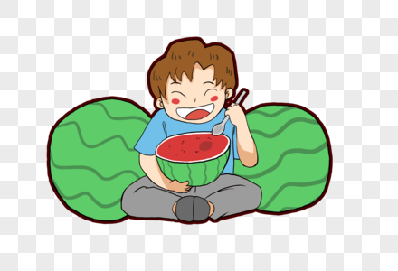 夏季小男孩开心吃西瓜图片