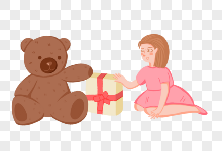 手绘小女孩和玩具熊递礼物图片