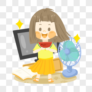 夏日卡通女孩在家吹风扇吃西瓜图片