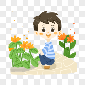 夏日卡通男孩观察植物图片
