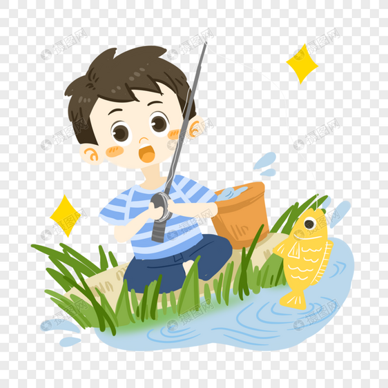 夏日卡通男孩钓鱼图片