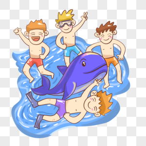 小孩海边游玩与鲸鱼嬉戏图片