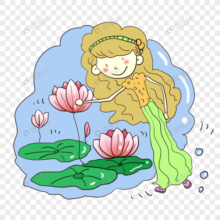 立夏卡通女孩摘荷花