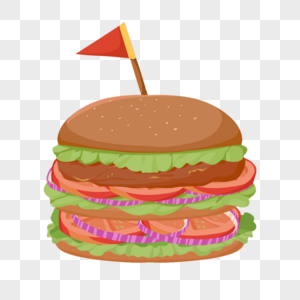 插旗的多层汉堡食物扁平化元素快餐店汉堡店图片