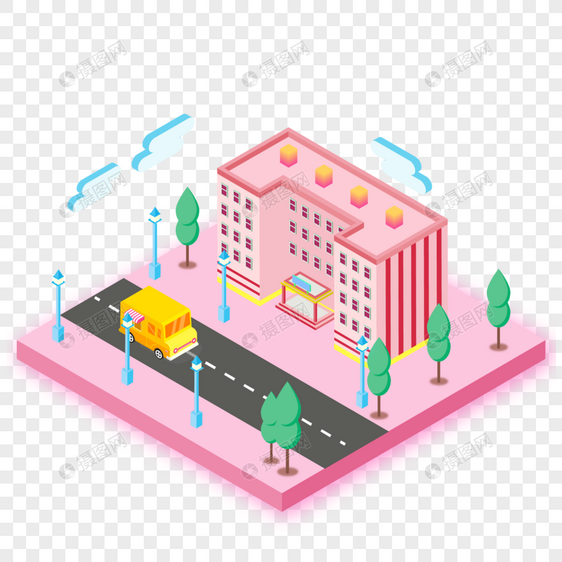 粉色可爱小清新城市汽车房子2.5D插画图片