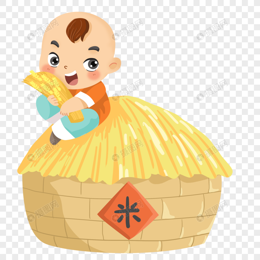 抱着稻谷坐在粮仓上的小男孩