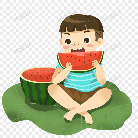 坐在荷叶上吃西瓜的小男孩图片