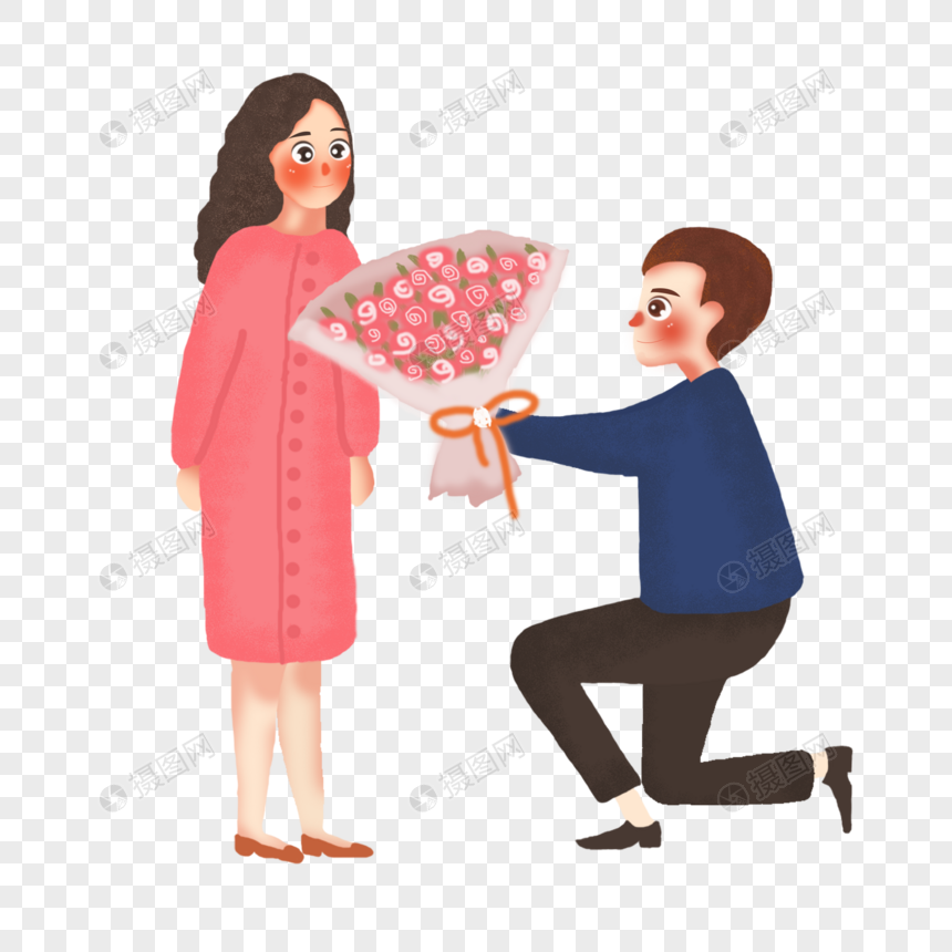 男生单膝下跪送花给女孩