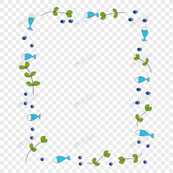 蓝色小鱼绿叶花边边框图片