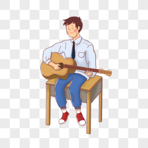 坐在桌子上弹吉他的男孩图片