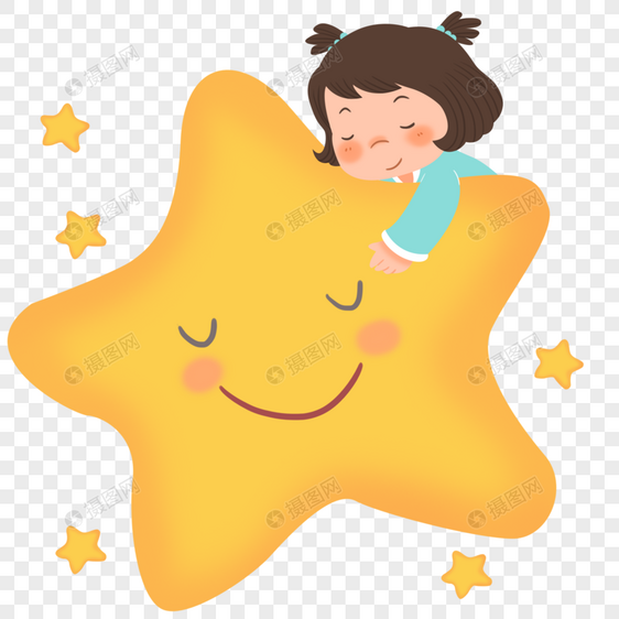 手绘趴在星星上睡觉的小女孩图片