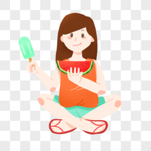 夏天坐着吃西瓜和冰棒的女孩图片