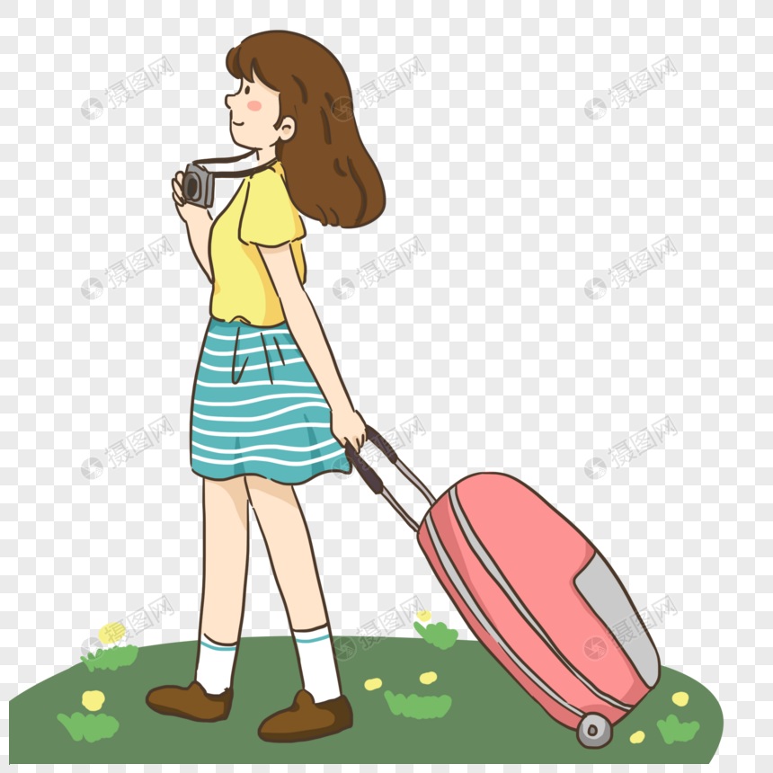 拖着行李箱出去游玩的女孩