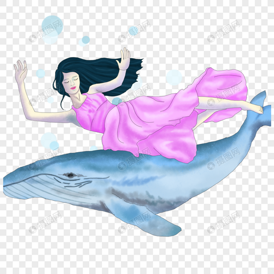 手绘环保女孩海洋鲸鱼图片