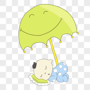 卡通手绘绿色雨伞下睡觉的婴儿图片