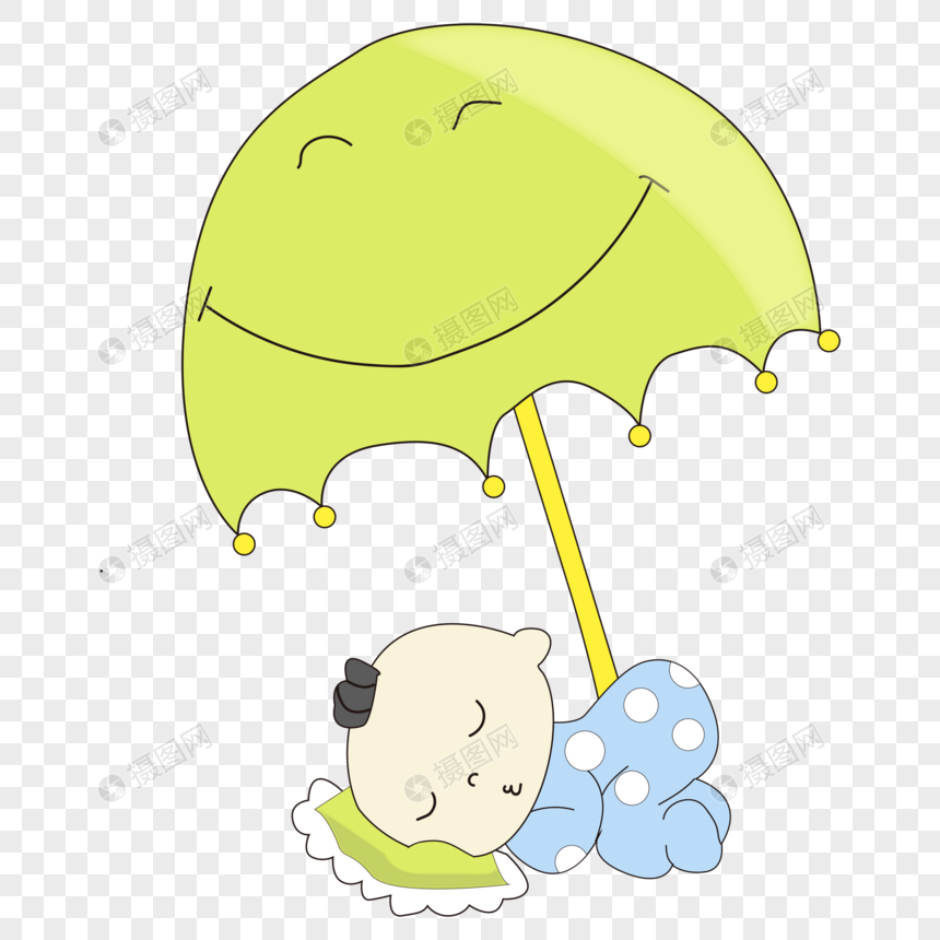 卡通手绘绿色雨伞下睡觉的婴儿