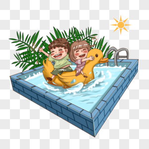 动漫厚涂游泳池中骑着小黄鸭的孩子们插画PNG图片