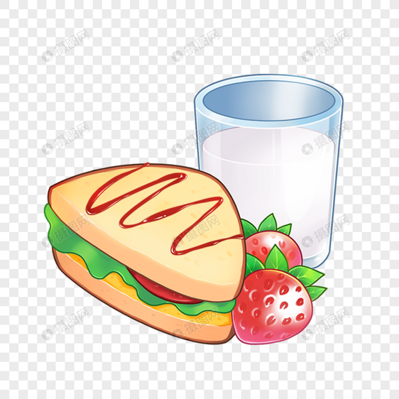 手绘三明治草莓牛奶早餐图片