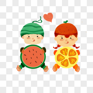 西瓜玉米橙子可爱水果情侣素材