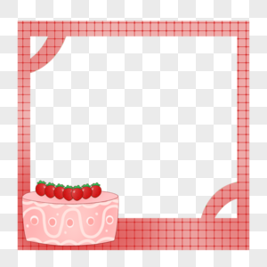 创意美味草莓蛋糕简约格子布粉红色边框图片