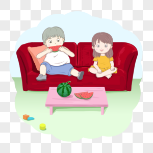 坐在沙发上吃西瓜的孩子图片