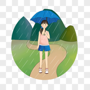 卡通手绘雨中打伞的美丽女孩图片
