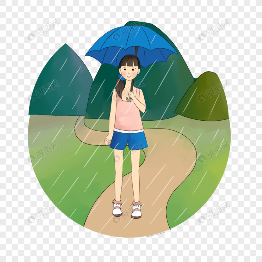 卡通手绘雨中打伞的美丽女孩图片