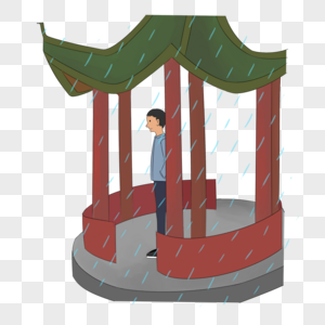 卡通手绘雨天亭中躲雨的男士图片