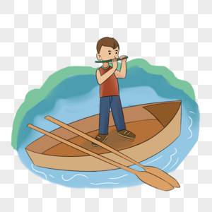 卡通手绘划船的男孩开心吹柳笛图片