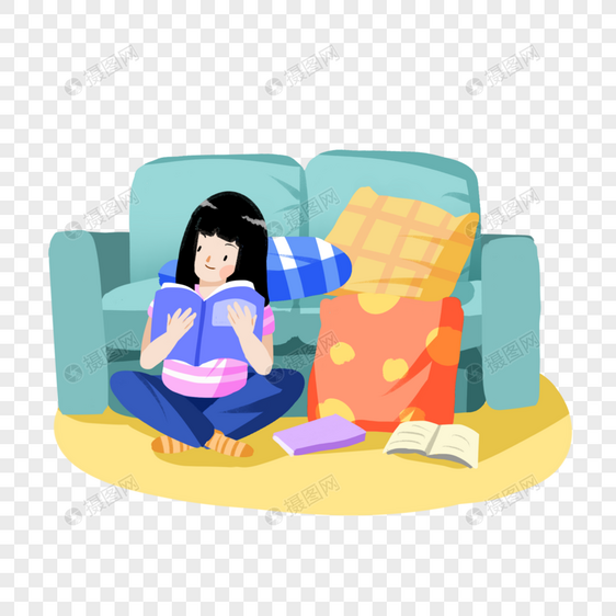 卡通女孩坐在地毯上看书图片