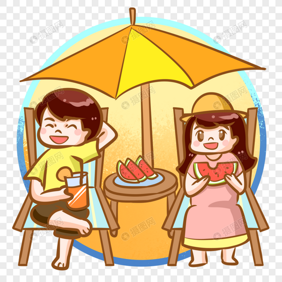 坐在沙滩椅上吃西瓜的情侣图片