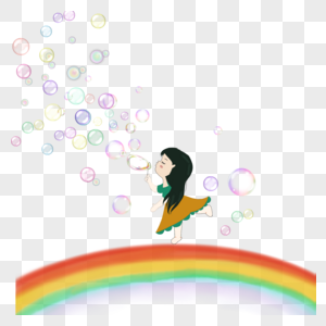 彩虹上吹泡泡的小女孩高清图片