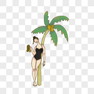 椰子树下拎着拖鞋的泳装女孩图片