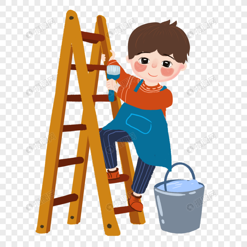 登梯子刷漆的工人图片