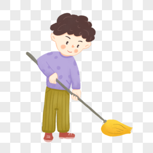 多彩手绘水彩花丛卡通手绘劳动节可爱卷发男孩辛勤扫地素材