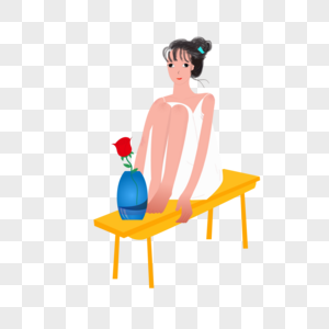 创意手绘穿着白色长裙坐在凳子上的女孩图片