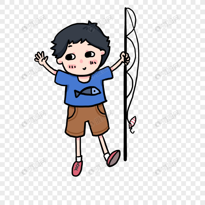 卡通短裤男孩钓鱼