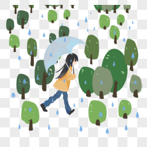 雨天漫步森林撑伞的女孩图片