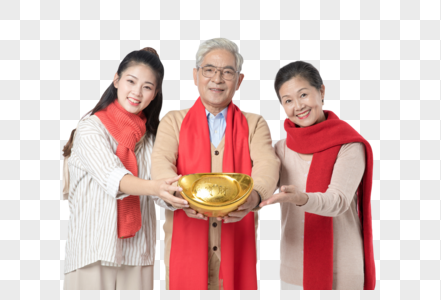 一家三口手拿金元宝祝贺图片