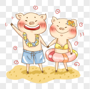 夏日猪猪沙滩游玩插画PNG图片