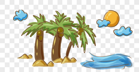 夏季海边椰子树手绘填充装饰图片