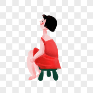 坐在凳子上的红裙小女孩图片