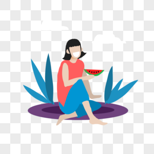 少女坐在地毯上吃西瓜图片