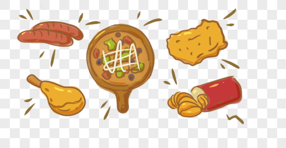 健康高热量食品炸鸡披萨手绘装饰图片