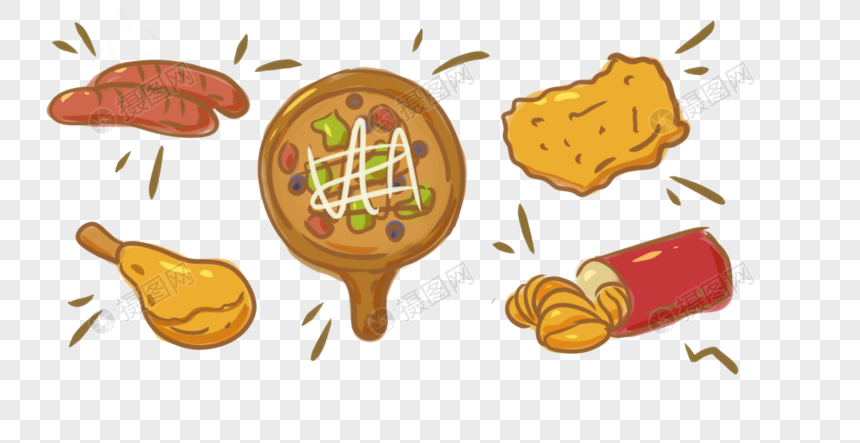 健康高热量食品炸鸡披萨手绘装饰图片