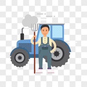 蓝色拖拉机前面站着拿着鱼叉的农民高清图片